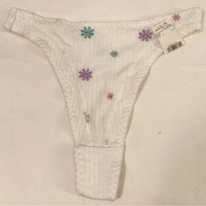 Vintage 90’s Y2K Thong Panties Underwear High Cut Leg Waist Cotton White Flowers